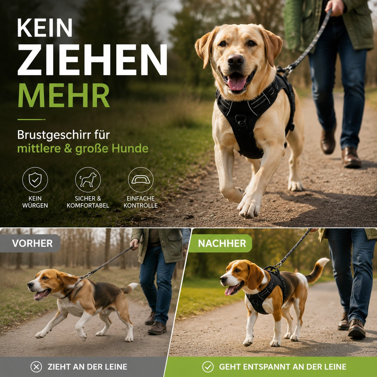 🐕 50% OFF! 🦺 Anti-pull harness – Reflective, breathable & with two leash attachments 🌿
